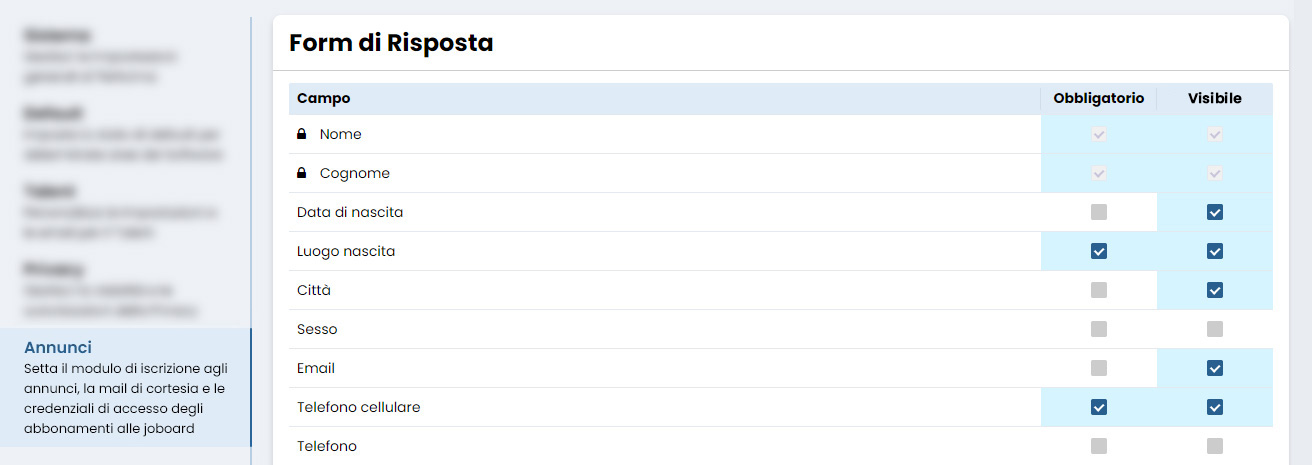 Performa Recruit Impostazioni annunci