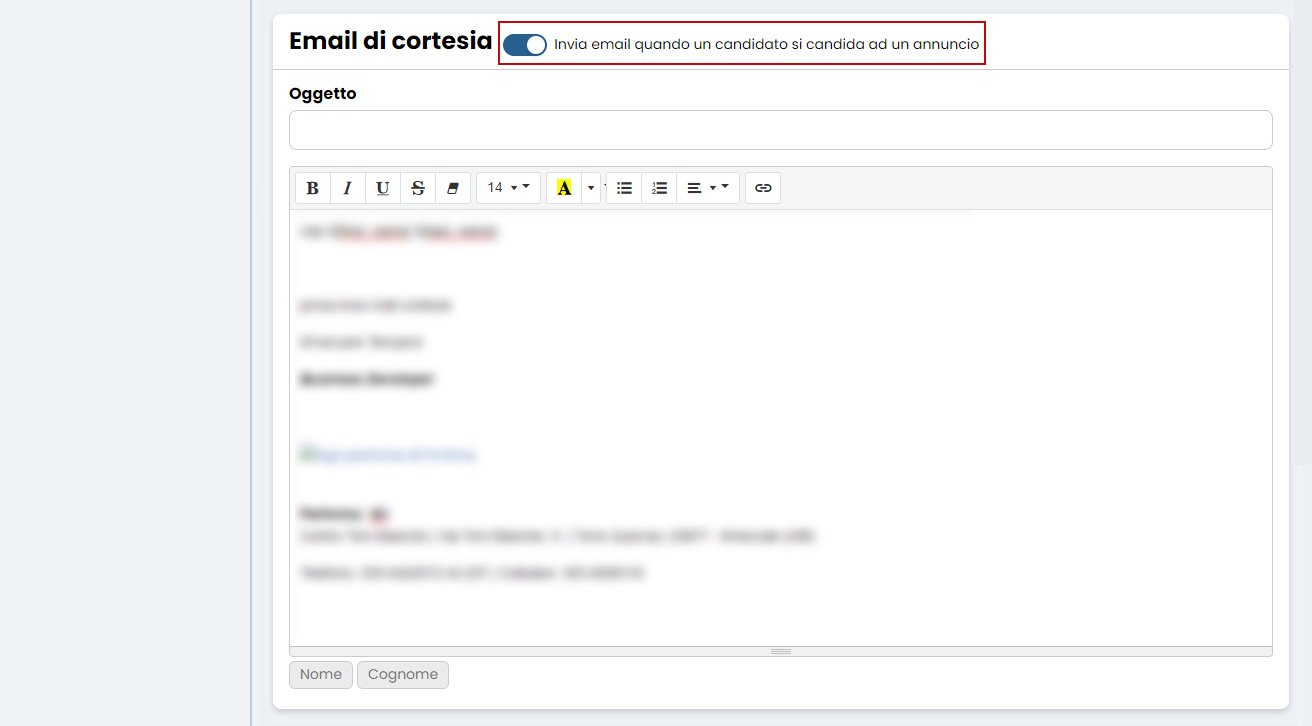 Performa Recruit Impostazioni email di cortesia