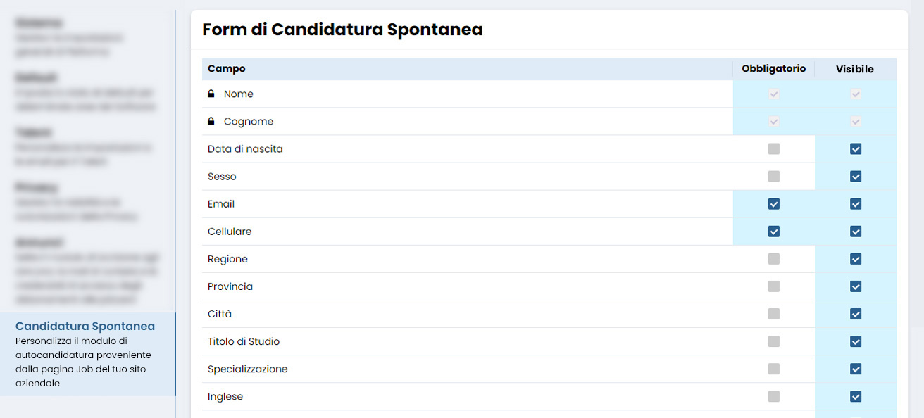 Performa Recruit Impostazioni form candidatura spontanea