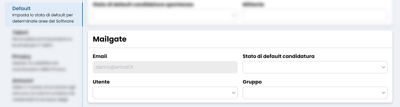 Performa Recruit Impostazioni default mailgate