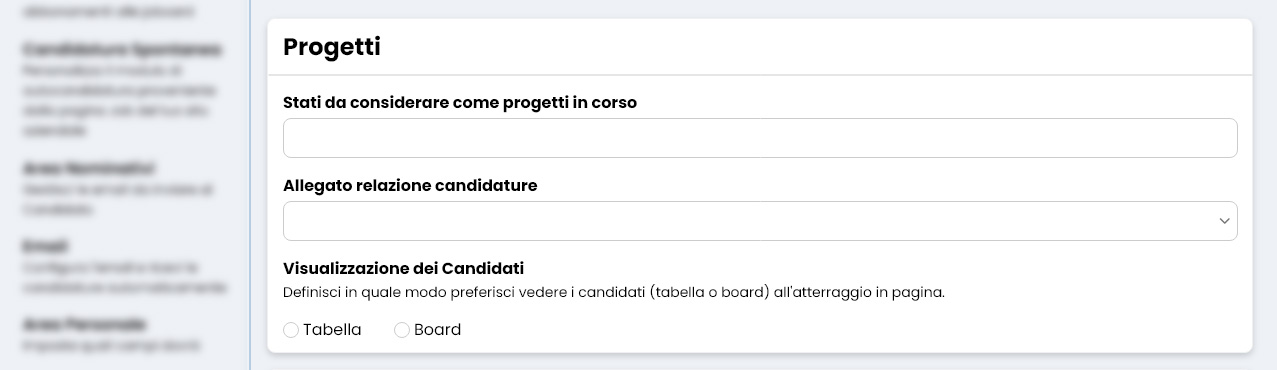 Performa Recruit Impostazioni default progetti