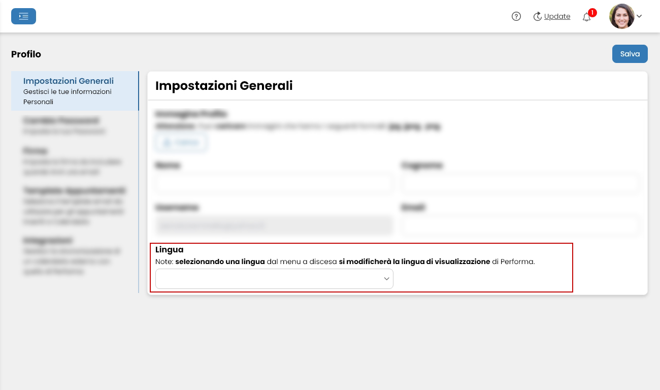 Performa Recruit Profilo impostazioni generali