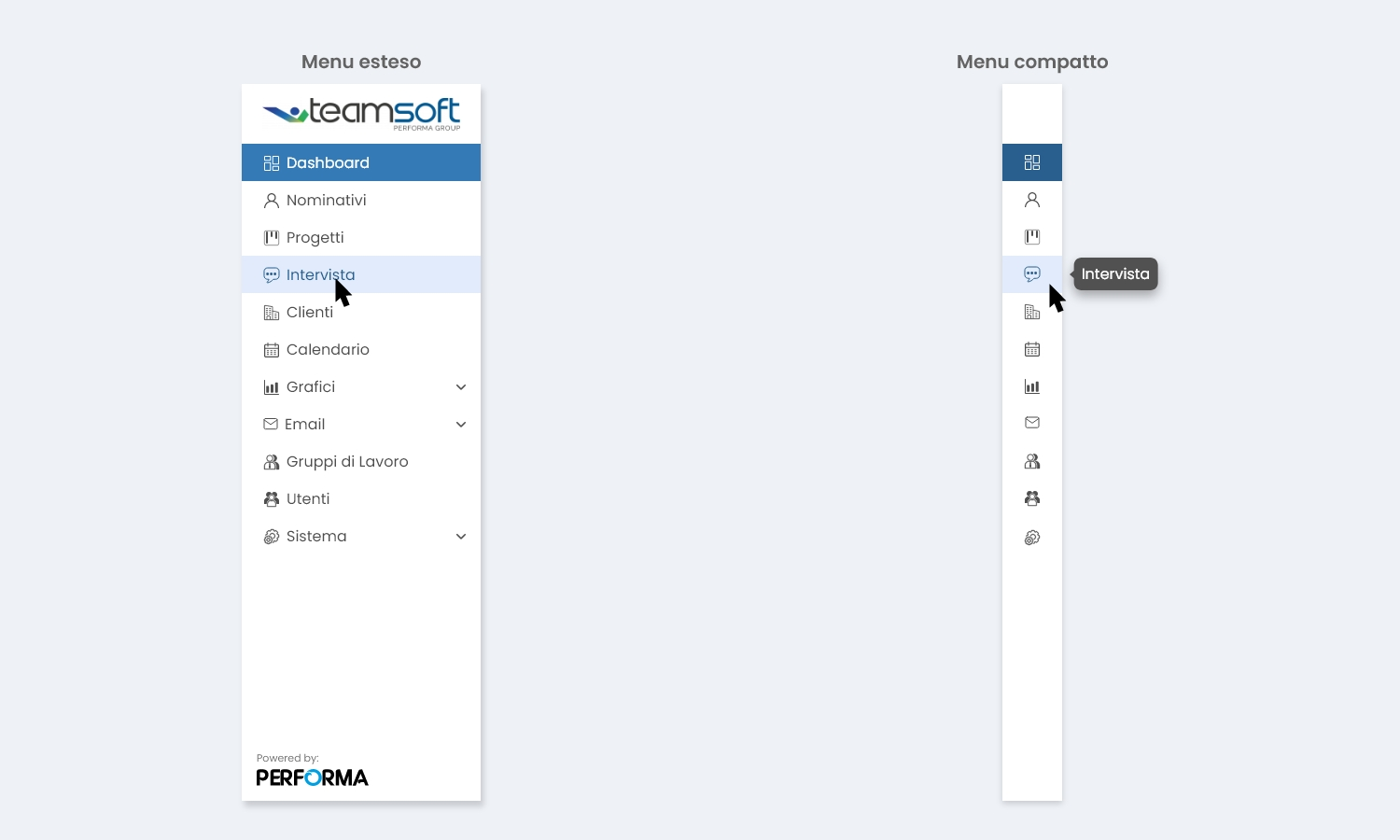 Performa Recruit menu