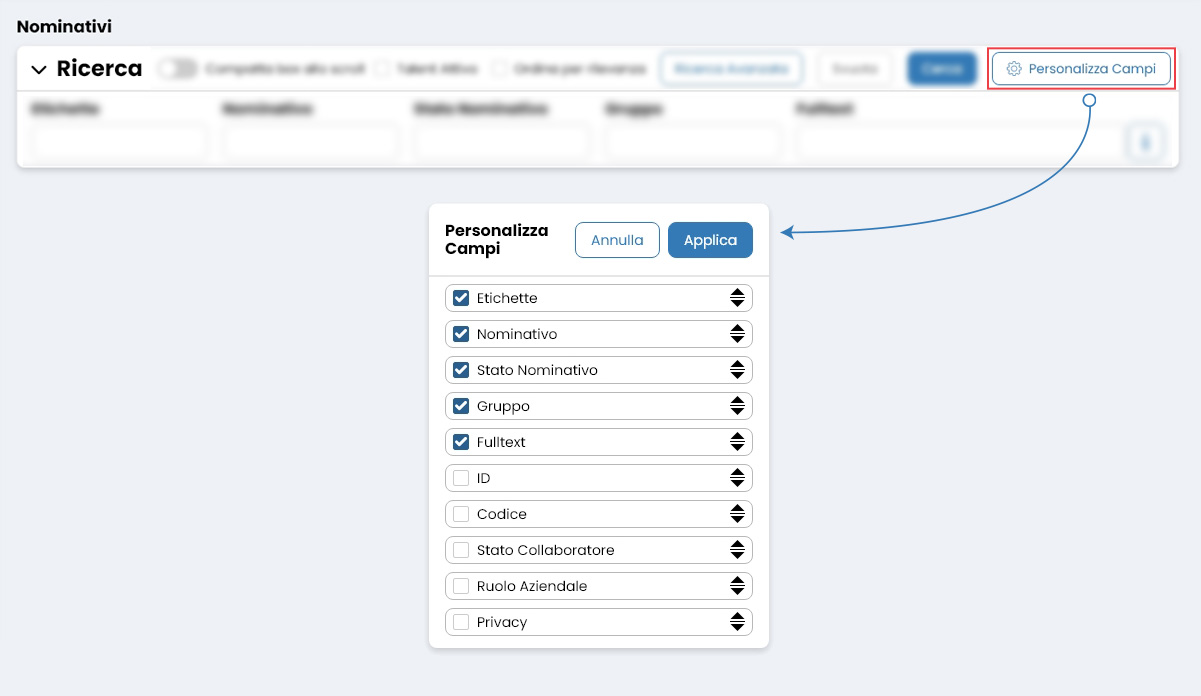 Performa Recruit Nominativi personalizza campi