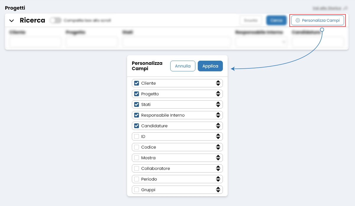 Performa Recruit Progetti personalizza campi