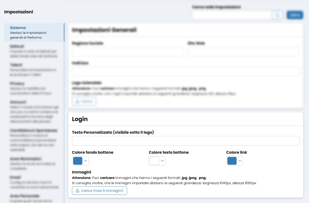 Performa Recruit Impostazioni login personalizzata