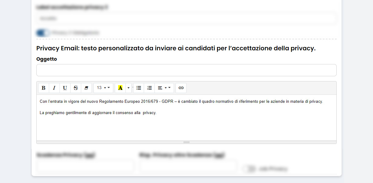 Performa Recruit compositore testuale per email da inviare ai candidati per l'accettazione della privacy