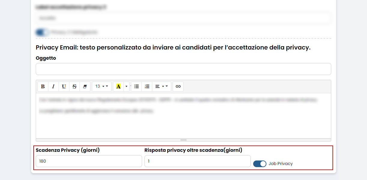 Performa Recruit Impostazioni scadenza privacy