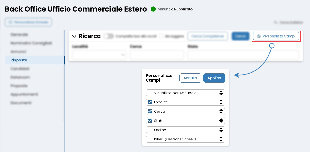 Performa Recruit Progetto personalizza campi risposta