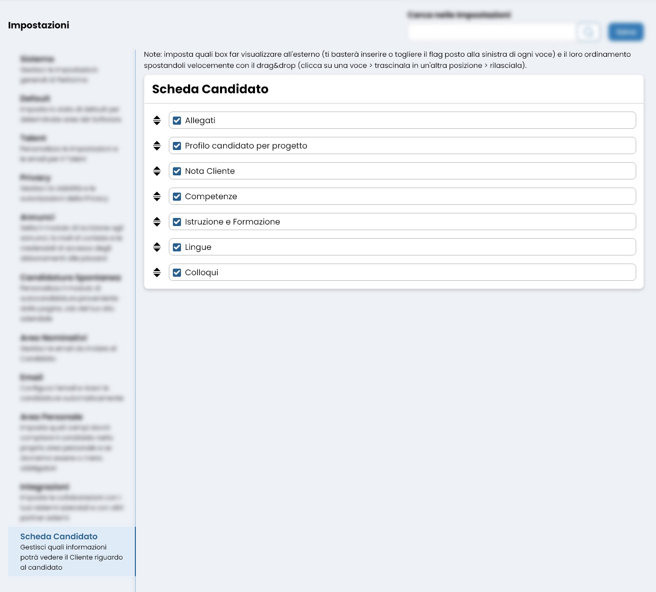 Performa Recruit Impostazioni scheda candidato