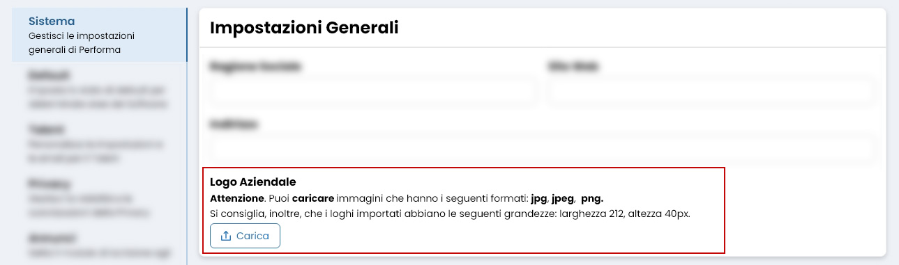 Performa Recruit Impostazioni carica logo aziendale