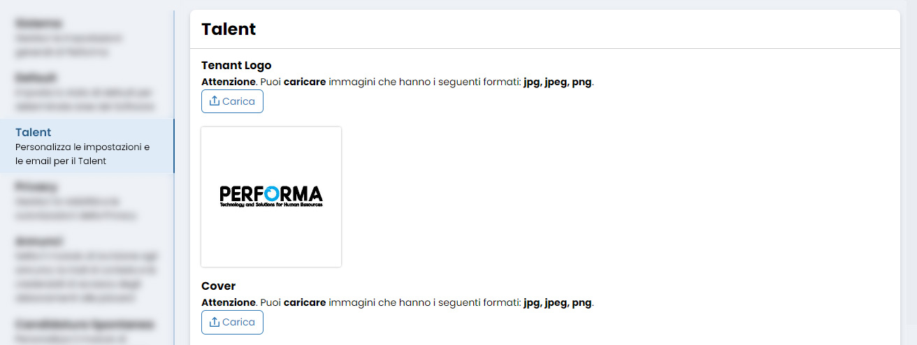Performa Recruit Impostazioni talent