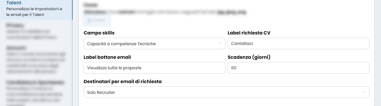 Performa Recruit Impostazioni personalizza tenant